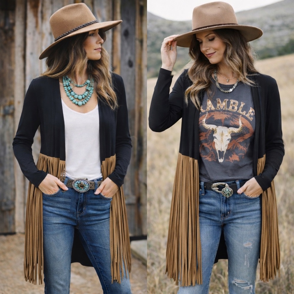 Black Cardigan with Fringe Detail